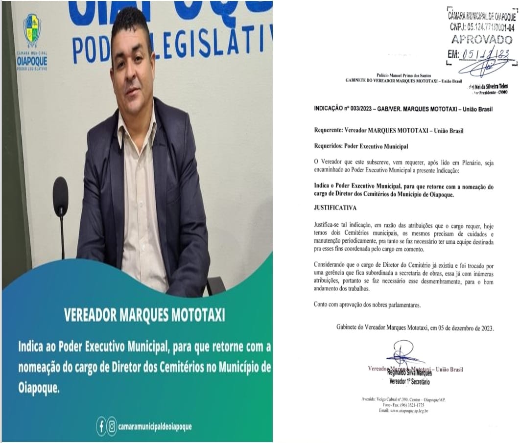 NDICAÇÃO AO PODER EXECUTIVO MUNICIPAL. Na 33ª Sessão Ordinária Deliberativa, realizada nesta terça-feira (05/12), o Vereador  Reginaldo Marques (Marques Mototáxi), apresentou a seguinte indicação: